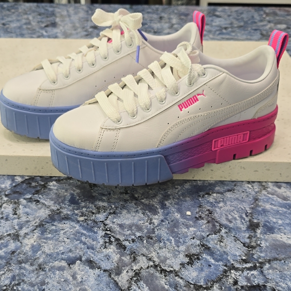Puma White and Pink Platform Sneakers with Bold Design